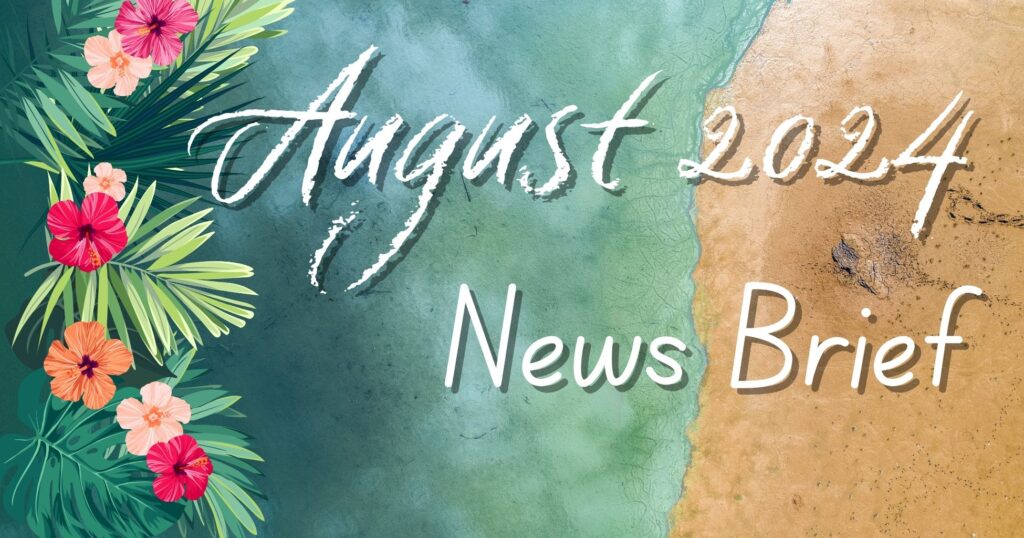 Landmark Abstract's August 2024 News Brief.  Looking down on a tropical beach with a topical flower border on the left hand side.